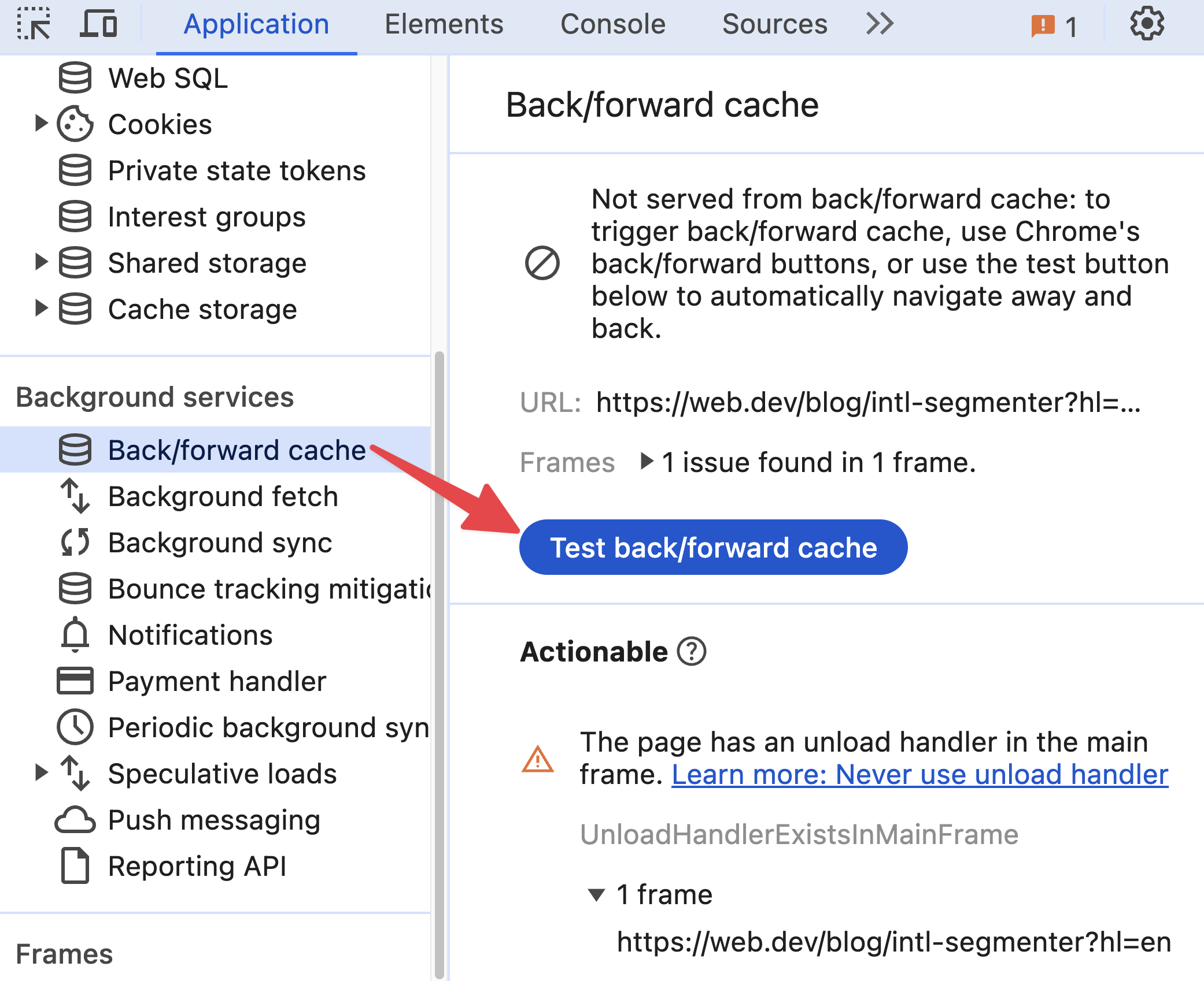 DevTools test the back/forward cache