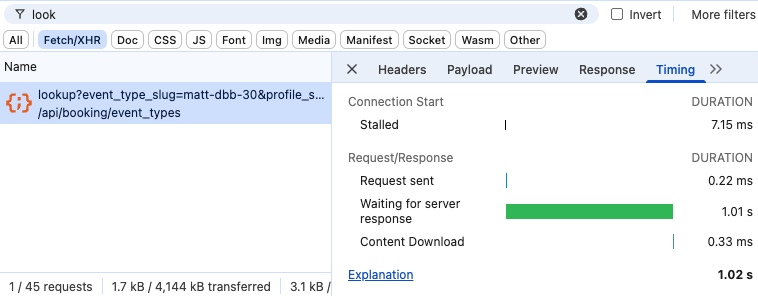 DevTools showing a slow server response time