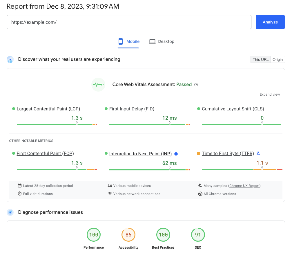 Core Web Vitals in PageSpeed Insights