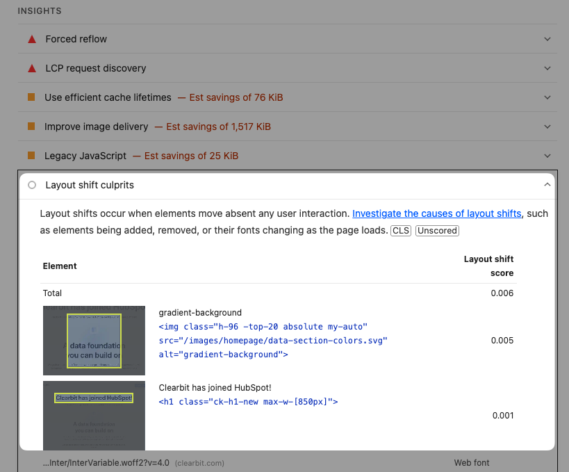 Lighthouse and PageSpeed Insights layout shift culprits