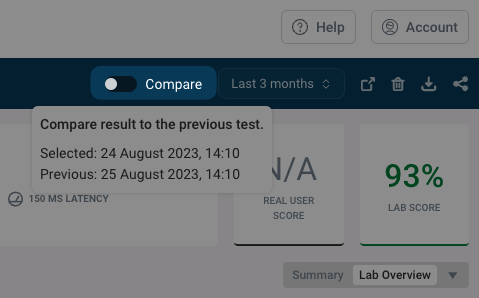 Compare mode toggle for a test result