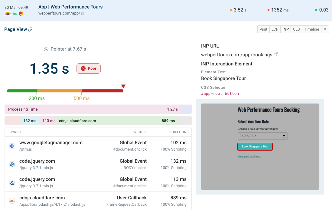 DebugBear RUM INP page view data