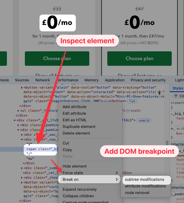Adding a DOM breakpoint