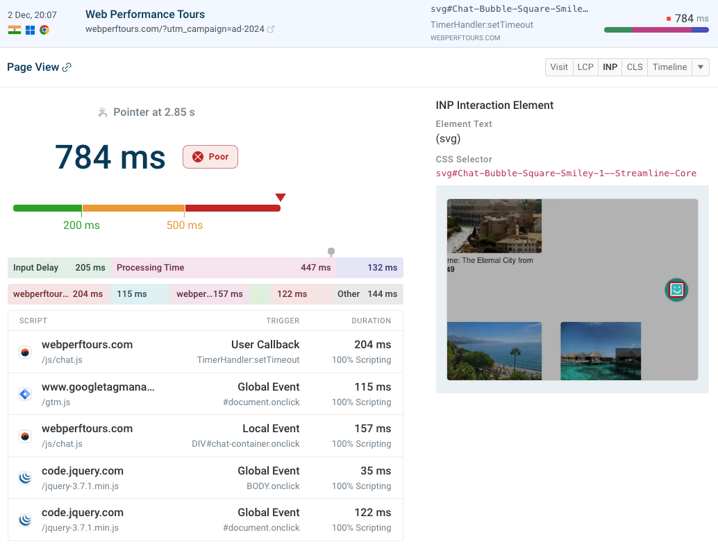 DebugBear page view INP data