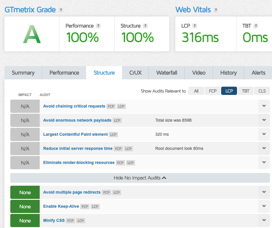 100% GTmetrics structure score