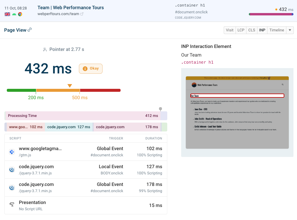 INP debugging data in DebugBear