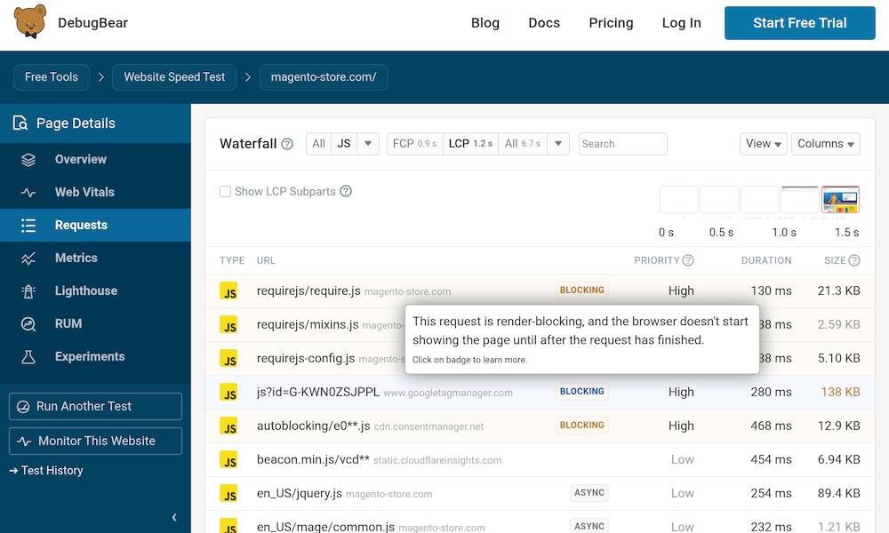 Render-blocking file highlighted in a request waterfall