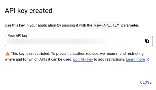 API key shown in modal after creation