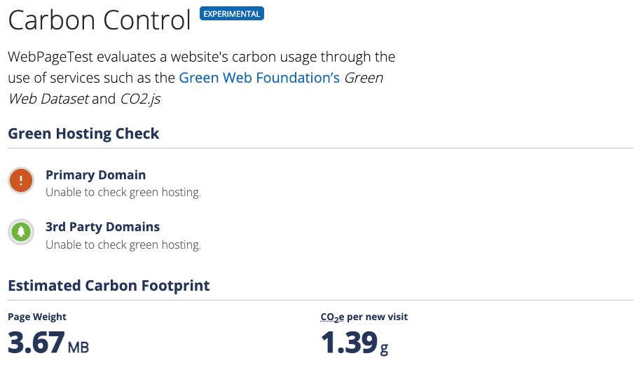 CO2 emissions result for a website