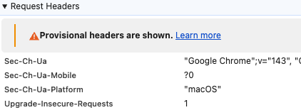 Provisional headers are shown in Chrome DevTools