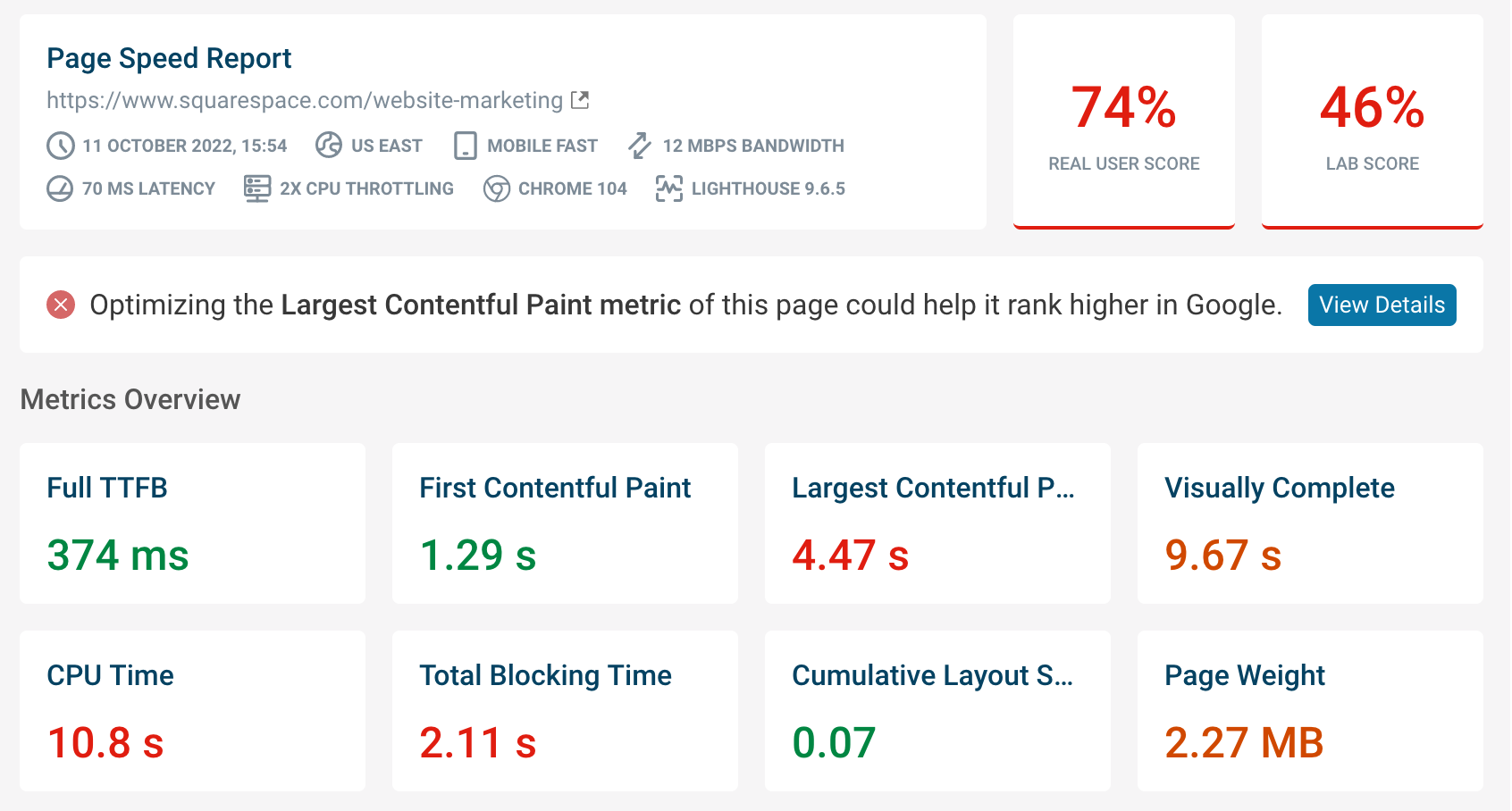 Page speed report showing performance metrics and overall scores.