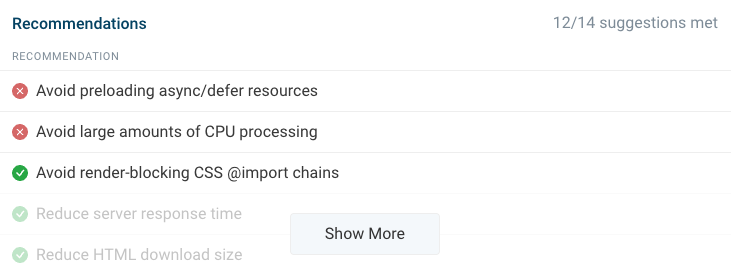 List of performance recommendations for a website
