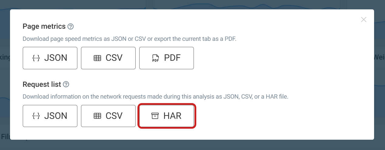 Export HAR request list in DebugBear