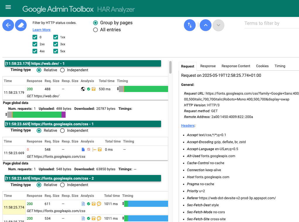 Google HAR Analyzer result