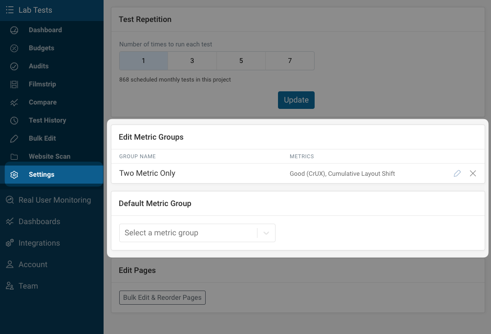 Sidebar Menu and List of Metric Groups in DebugBear