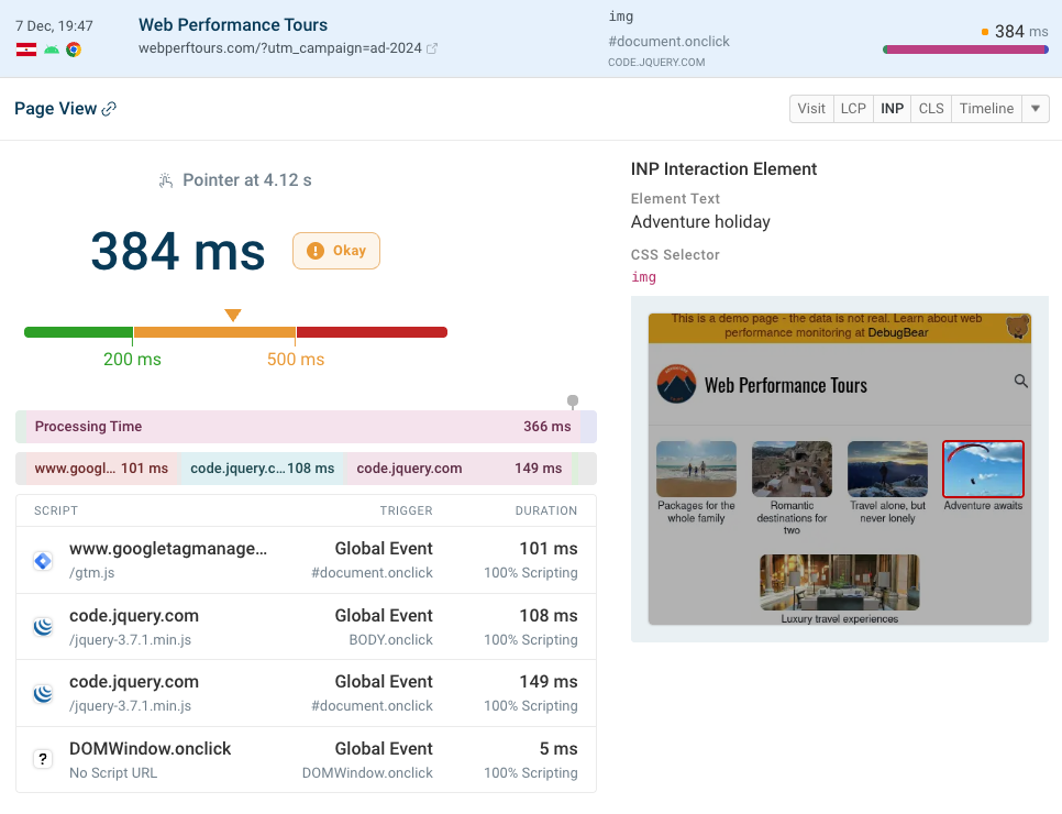 Slow interaction reported in RUM data