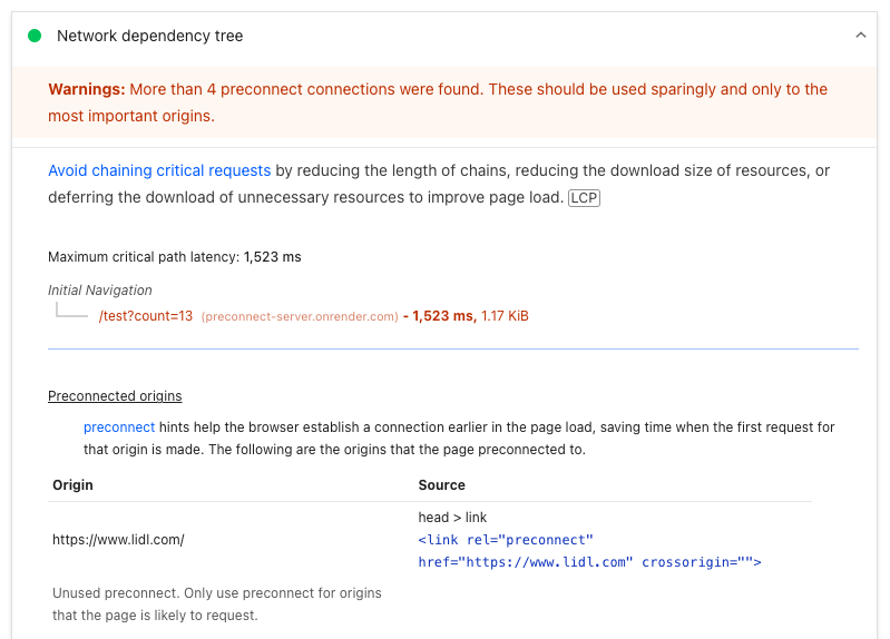 Lighthouse preconnect validation