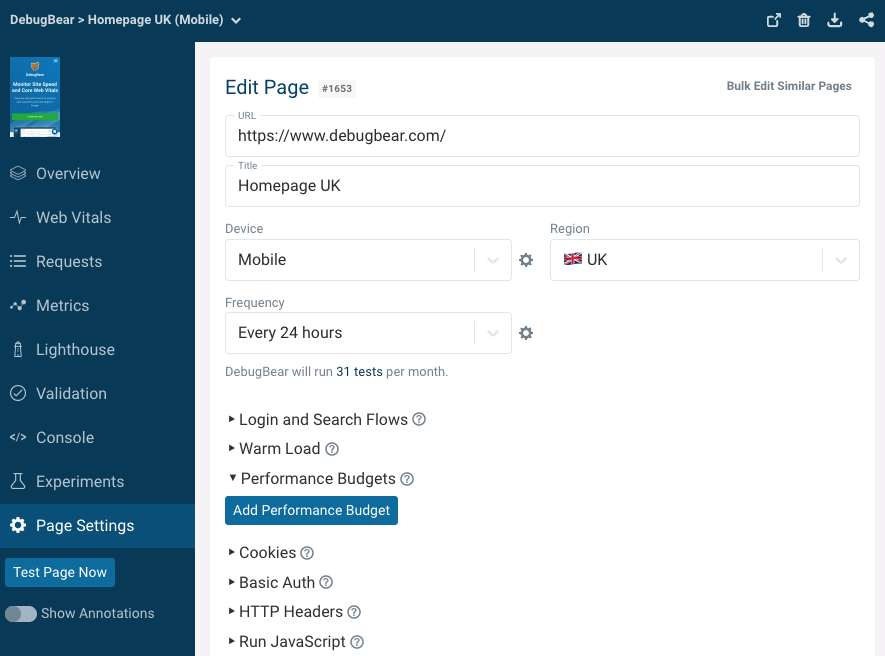 Configuring web performance budgets on DebugBear