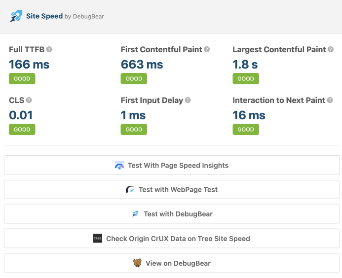 Site speed extension screenshot