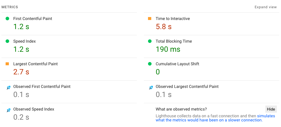 PageSpeed Insights lab data with observed metrics added