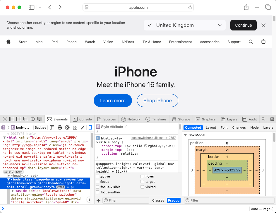 Screenshot of a page with the Safari Web Inspector open