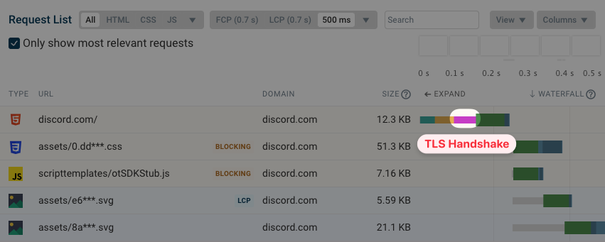 Request waterfall highlighting the TLS connection