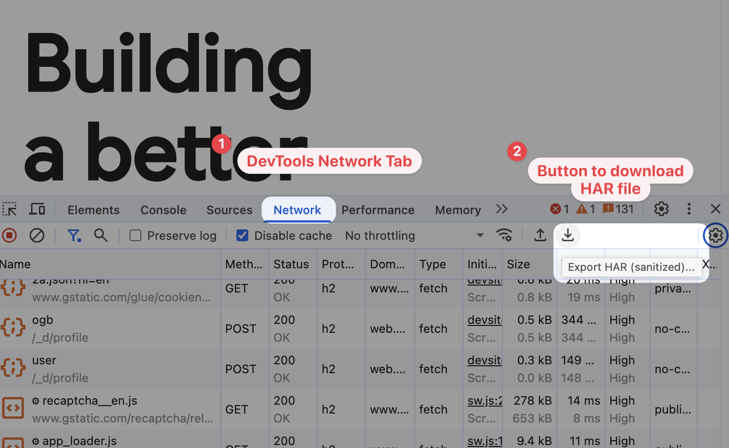 Generating a HAR file in Chrome DevTools