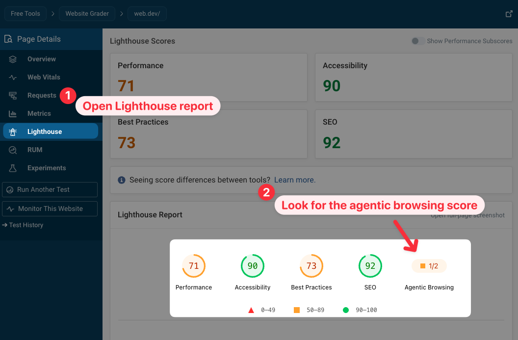Finding the agentic browsing score in the DebugBear Lighthouse tab