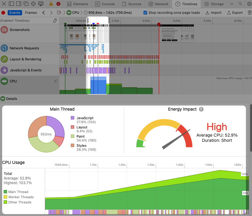 CPU activity details in the timeline
