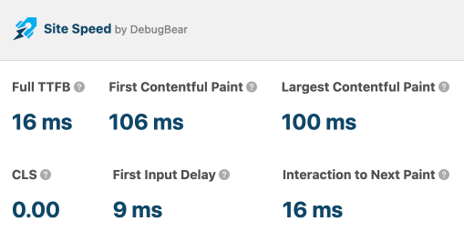 Site speed Chrome extension showing a TTFB of 16 milliseconds and an LCP of 100 milliseconds