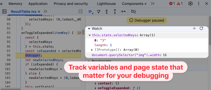 DevTools debugging Watch pane