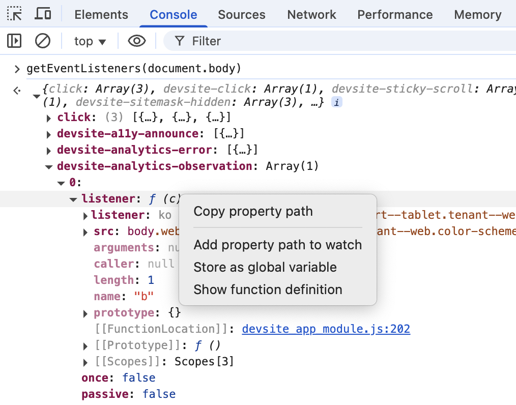 Using getEventListeners in the console