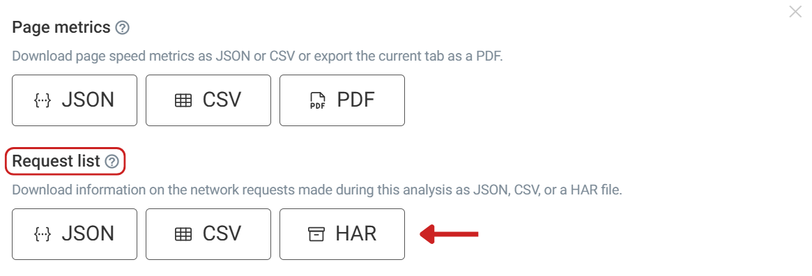 HAR request list export