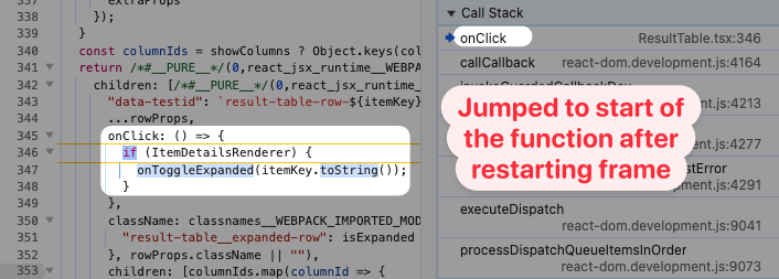 Code location after restarting frame
