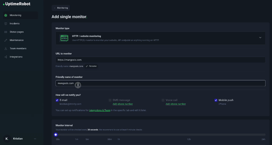 UptimeRobot monitoring setup