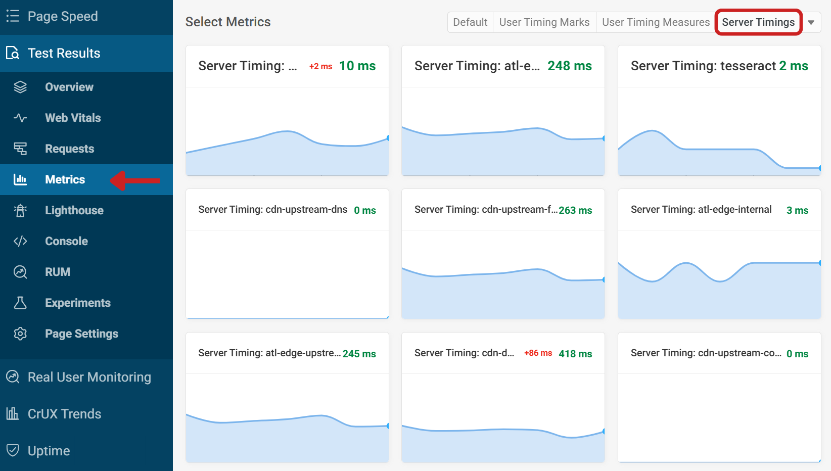Server Timings in Metrics tab