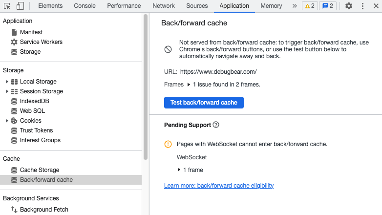 Chrome DevTools showing a site that might be eligible for the back/forward cache in a future version of Chrome