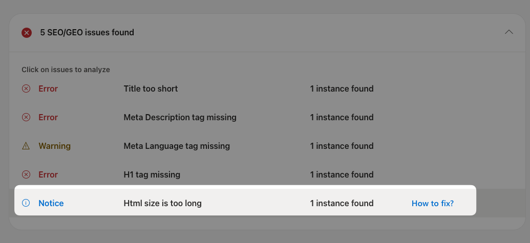 Bing webmaster tools HTML size report