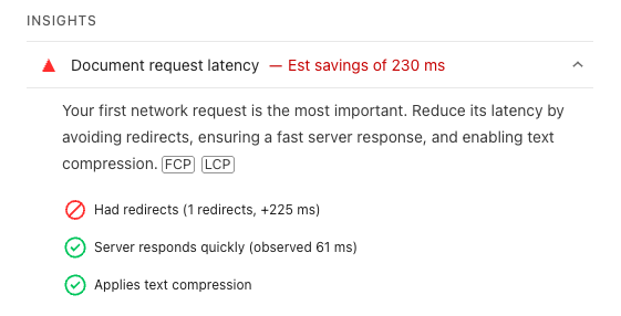 Had redirects message in Lighthouse