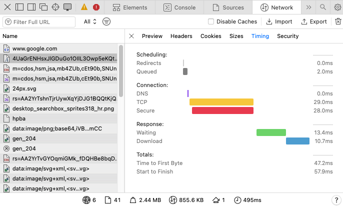 Safari web inspector network timing breakdown