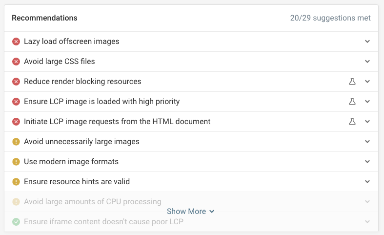 List of performance recommendations for a website