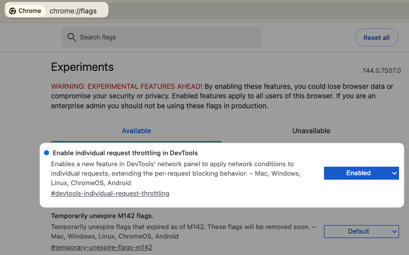 Chrome flag for individual request throttling