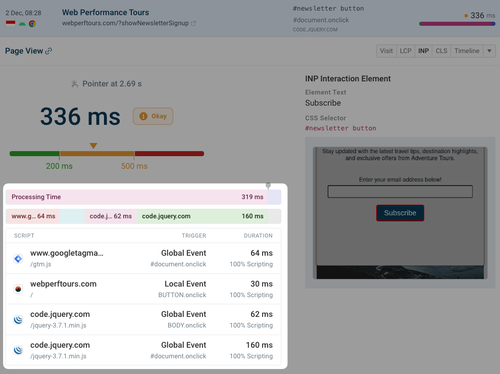 Page view with INP script data