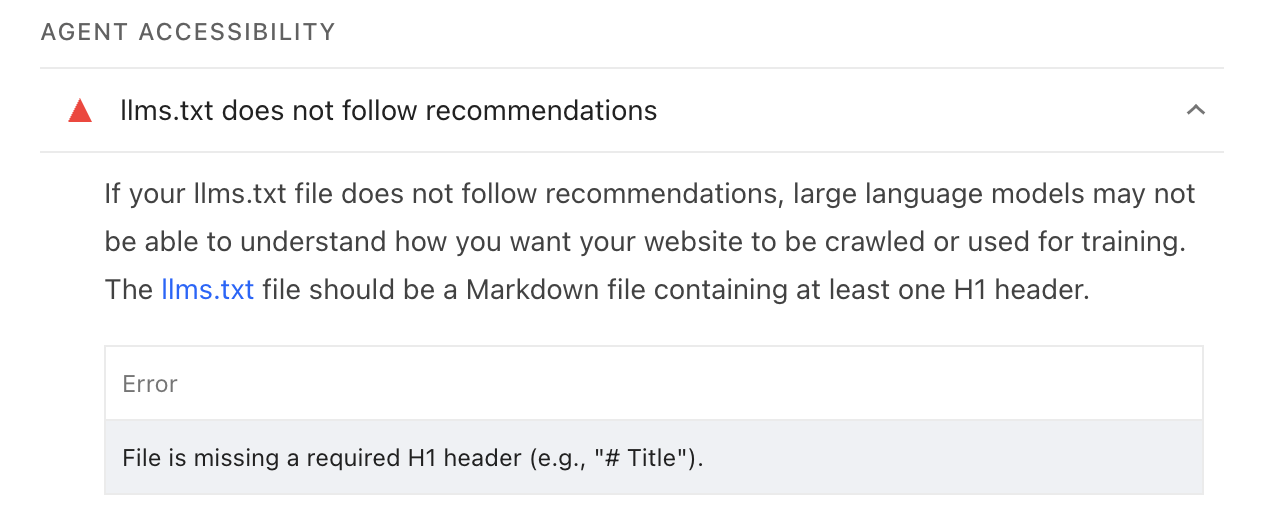 llms.txt validation result in Lighthouse