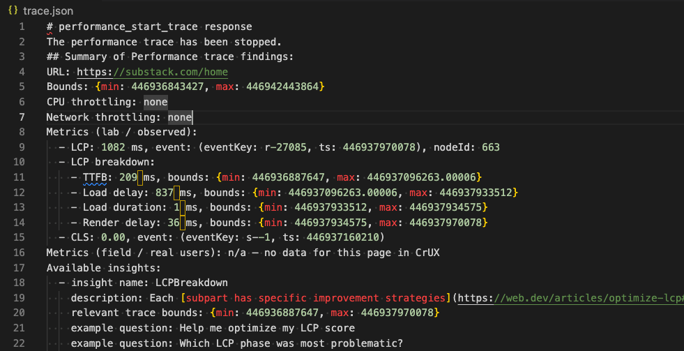 Trace data received from the MCP server