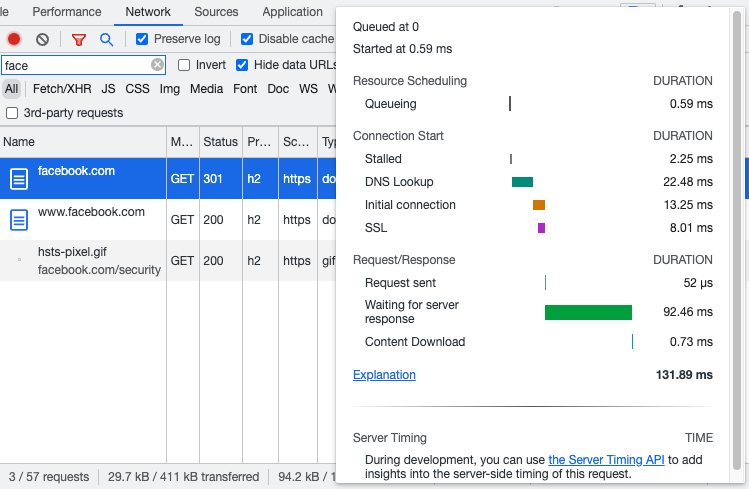 Network request breakdown in Chrome DevTools