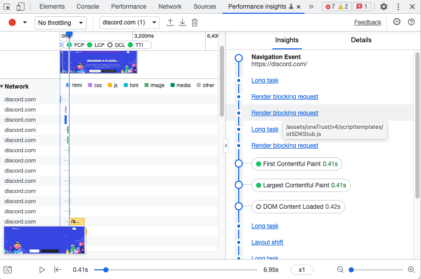 Render blocking request in the Performance Insights tab