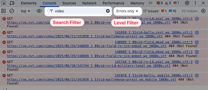 Console search and filter options