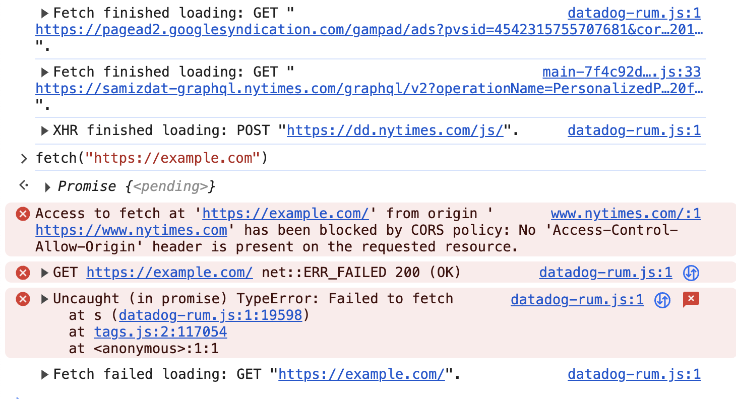 Console output with request logs and a CORS error