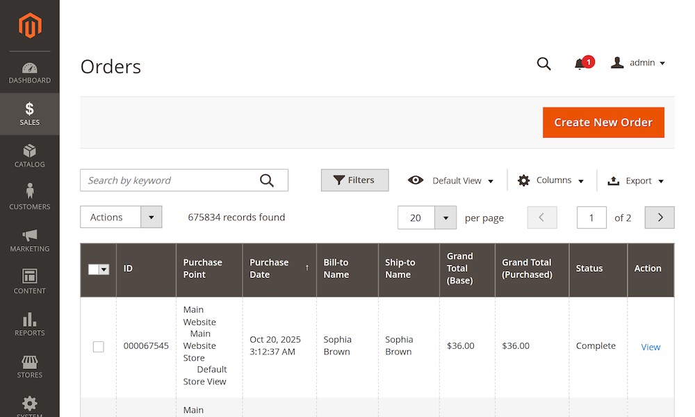 List of orders in a Magento store
